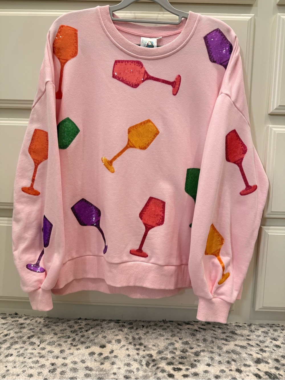 QUEEN OF SPARKLES Pink Sequin Wine Glass Sweatshirt